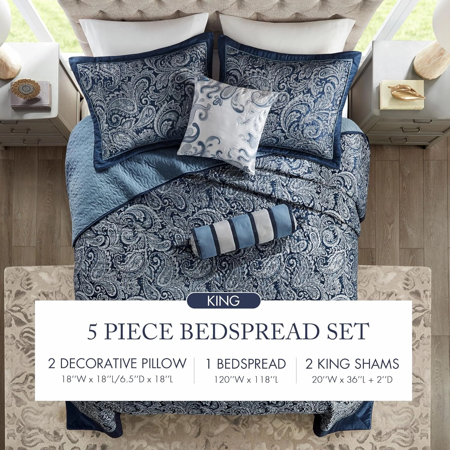 Madison Park Aubrey Reversible Quilted Bedspread Set, Solid Reverse Summer Breathable, Lightweight All Season Bedding Layer, Matching Shams, Bedspread King(120"x118"), Navy 5 Piece