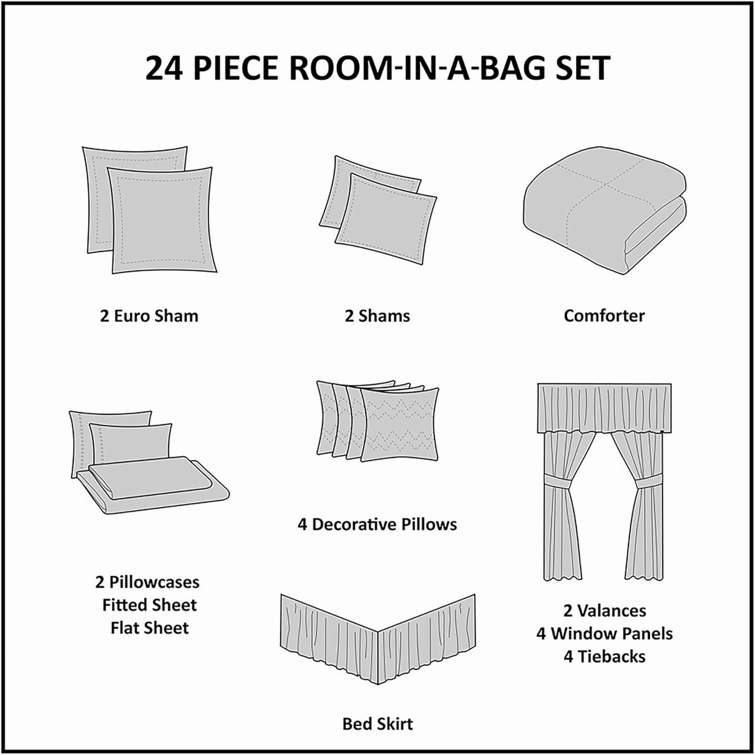 Madison Park Essentials Brystol 24 Piece Room in a Bag Faux Silk Comforter Jacquard Paisley Design Matching Curtains Down Alternative All Season Bedding-Set, Black 24 Piece, King(104 in x 92 in)