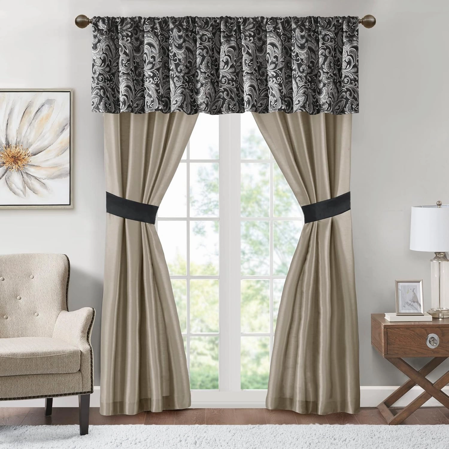 Madison Park Essentials Brystol 24 Piece Room in a Bag Faux Silk Comforter Jacquard Paisley Design Matching Curtains Down Alternative All Season Bedding-Set, Black 24 Piece, King(104 in x 92 in)