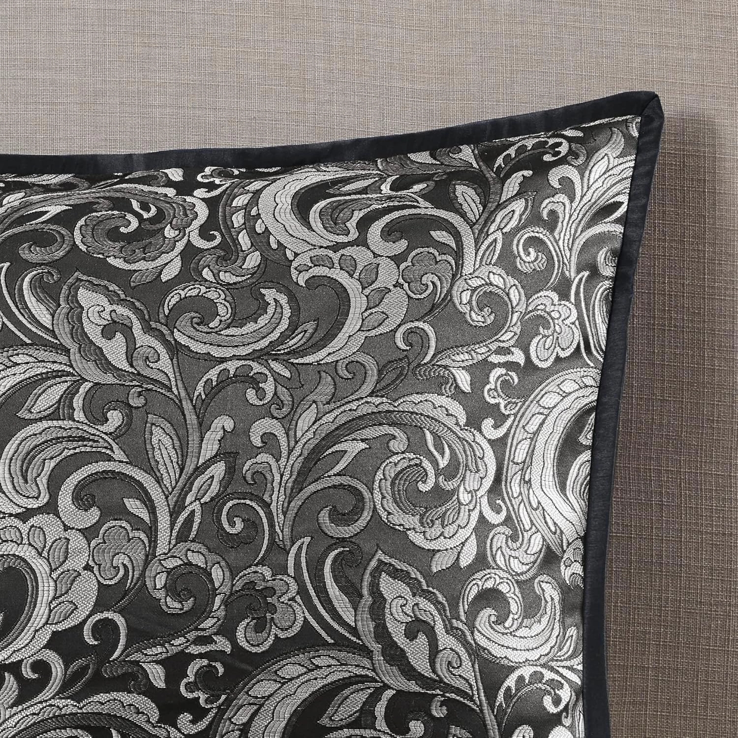 Madison Park Essentials Brystol 24 Piece Room in a Bag Faux Silk Comforter Jacquard Paisley Design Matching Curtains Down Alternative All Season Bedding-Set, Black 24 Piece, King(104 in x 92 in)