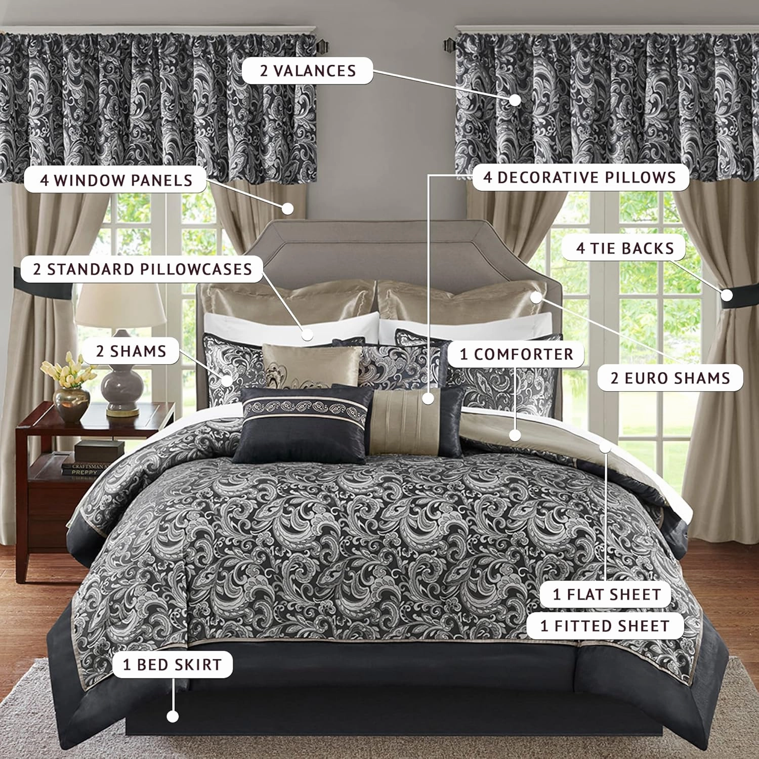 Madison Park Essentials Brystol 24 Piece Room in a Bag Faux Silk Comforter Jacquard Paisley Design Matching Curtains Down Alternative All Season Bedding-Set, Black 24 Piece, King(104 in x 92 in)