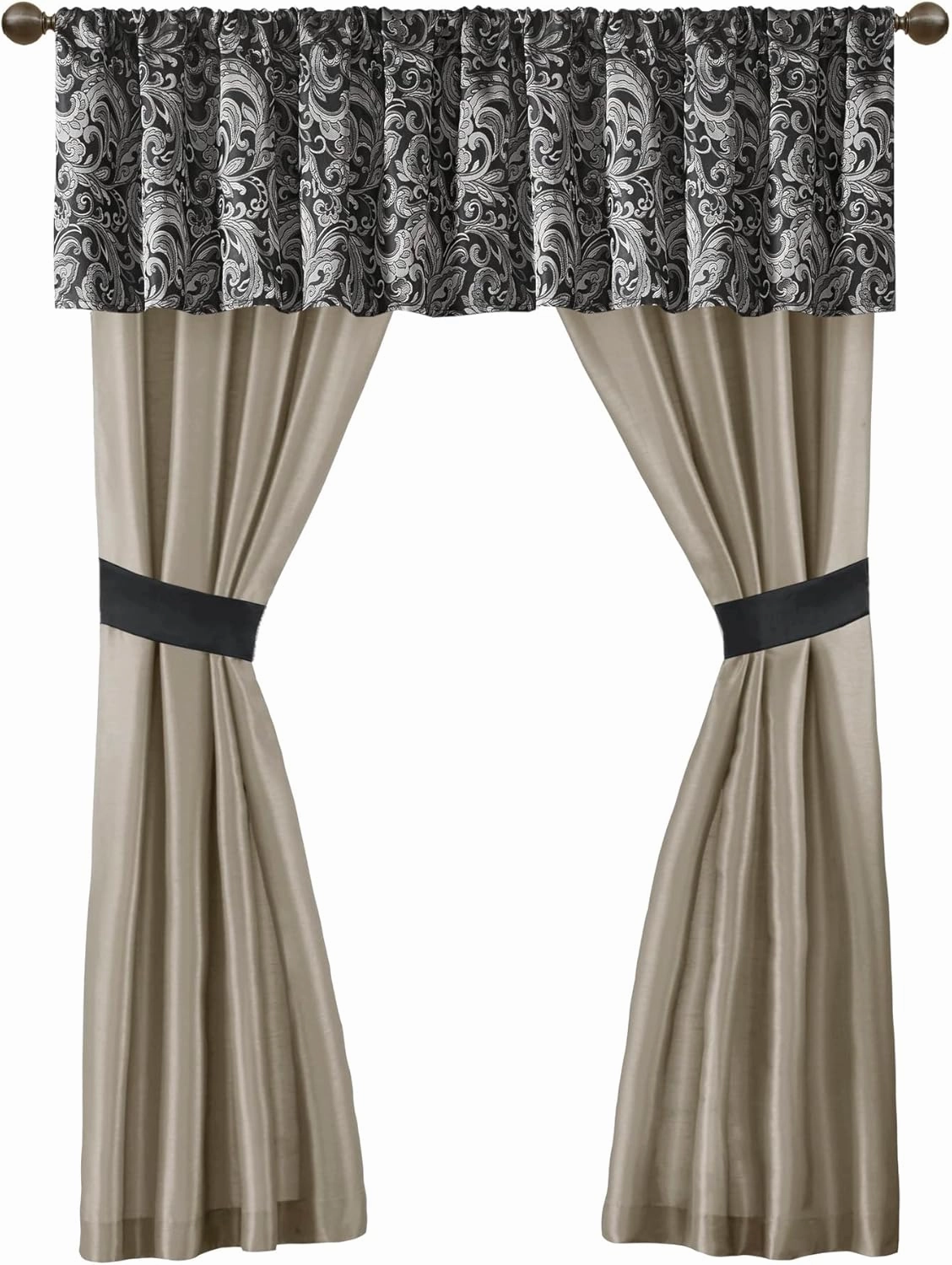 Madison Park Essentials Brystol 24 Piece Room in a Bag Faux Silk Comforter Jacquard Paisley Design Matching Curtains Down Alternative All Season Bedding-Set, Black 24 Piece, King(104 in x 92 in)