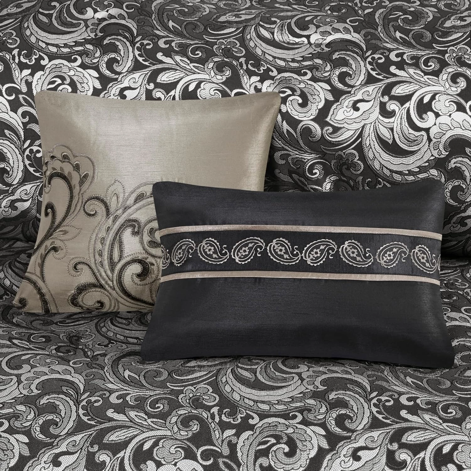 Madison Park Essentials Brystol 24 Piece Room in a Bag Faux Silk Comforter Jacquard Paisley Design Matching Curtains Down Alternative All Season Bedding-Set, Black 24 Piece, King(104 in x 92 in)
