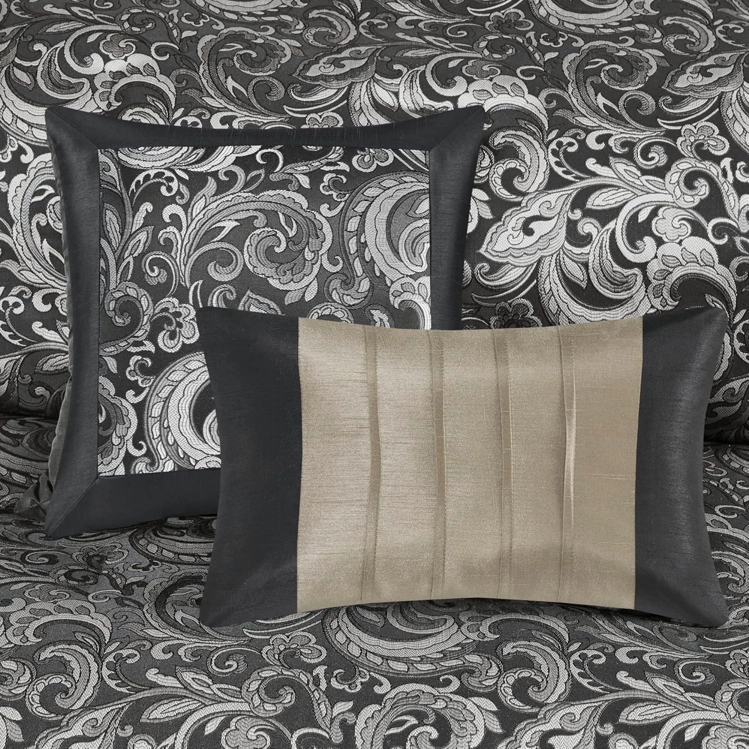 Madison Park Essentials Brystol 24 Piece Room in a Bag Faux Silk Comforter Jacquard Paisley Design Matching Curtains Down Alternative All Season Bedding-Set, Black 24 Piece, King(104 in x 92 in)