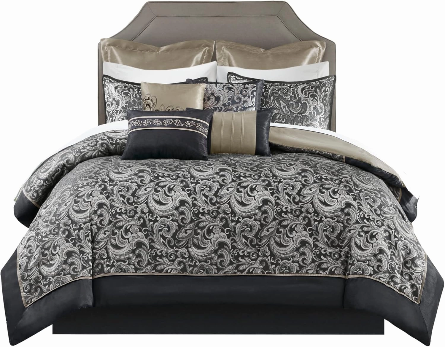 Madison Park Essentials Brystol 24 Piece Room in a Bag Faux Silk Comforter Jacquard Paisley Design Matching Curtains Down Alternative All Season Bedding-Set, Black 24 Piece, King(104 in x 92 in)