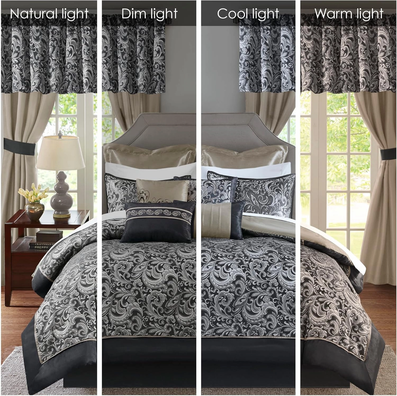 Madison Park Essentials Brystol 24 Piece Room in a Bag Faux Silk Comforter Jacquard Paisley Design Matching Curtains Down Alternative All Season Bedding-Set, Black 24 Piece, King(104 in x 92 in)