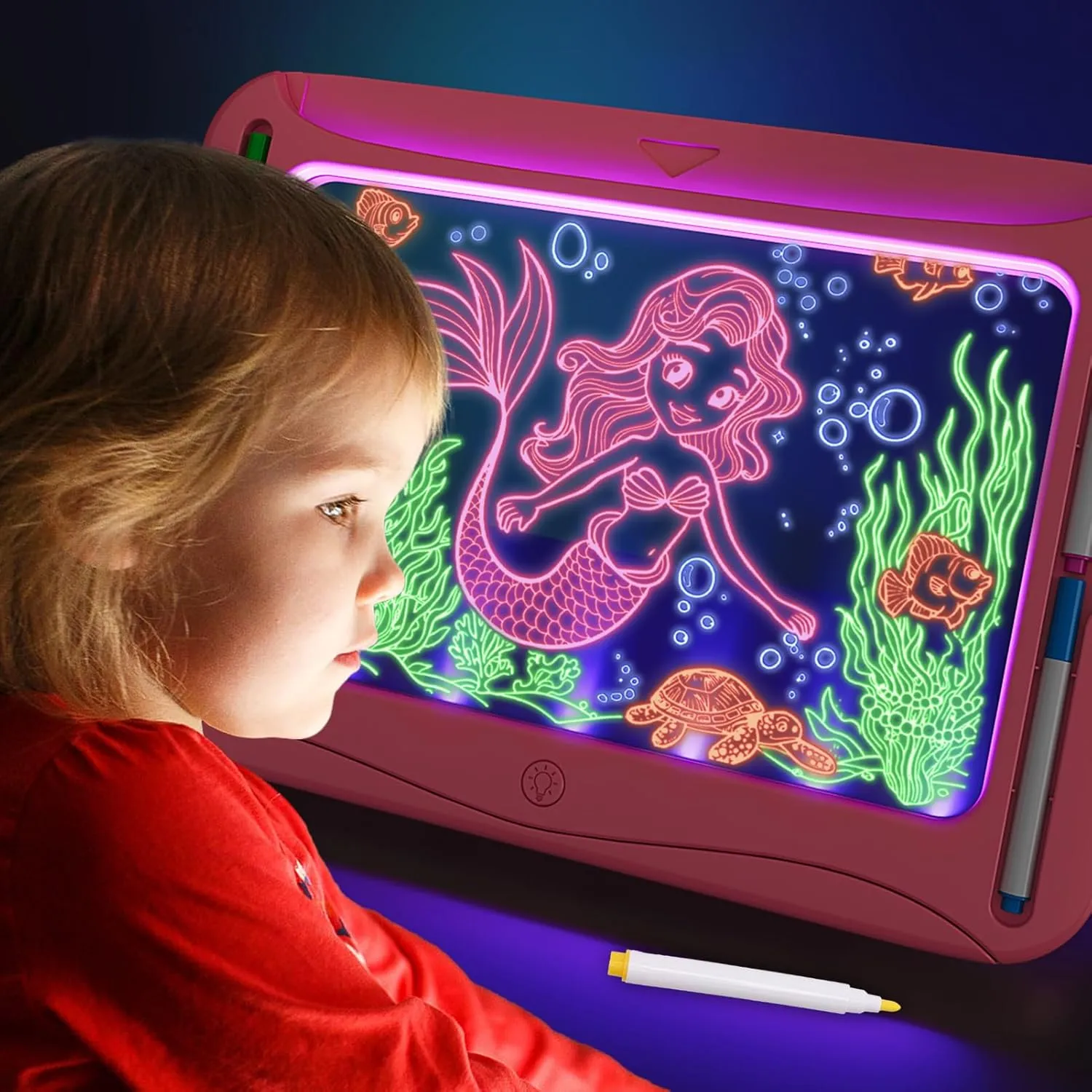 Magic LED Drawing Board for Kids, Girl Toys for Ages 5-7, Christmas Birthday Gifts, Light Up Tracing Pad, 9 Double-Sided Cards, 6 Markers, Neon Effect Doodle Writing Tablet, Arts Crafts Learning Toy