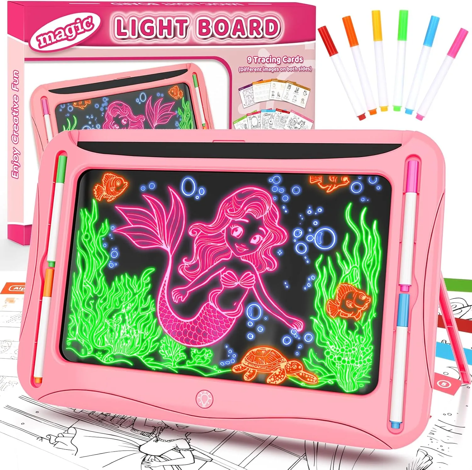 Magic LED Drawing Board for Kids, Girl Toys for Ages 5-7, Christmas Birthday Gifts, Light Up Tracing Pad, 9 Double-Sided Cards, 6 Markers, Neon Effect Doodle Writing Tablet, Arts Crafts Learning Toy