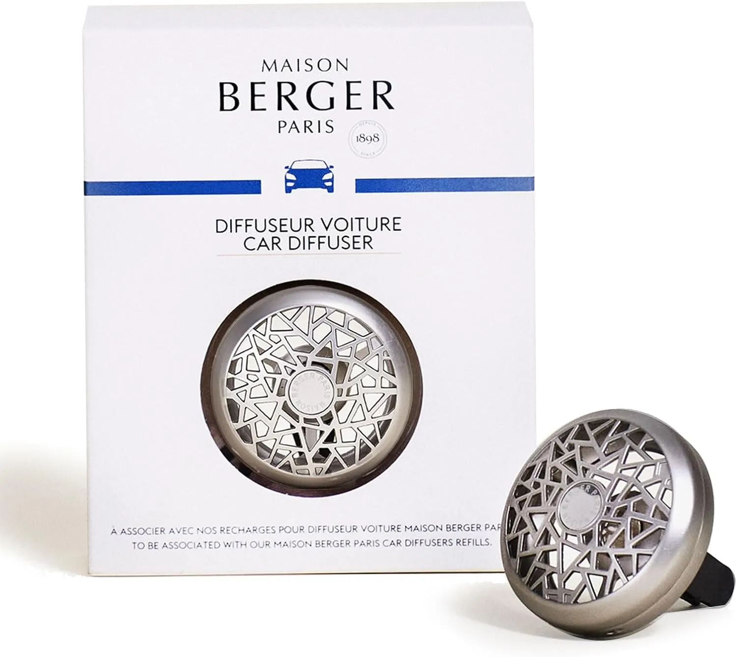 MAISON BERGER - Refillable Car Air Freshener Vent Clip Diffuser Set - 1.75" Diameter x 1.25" Depth - Made in France (Graphic Matte Finish)