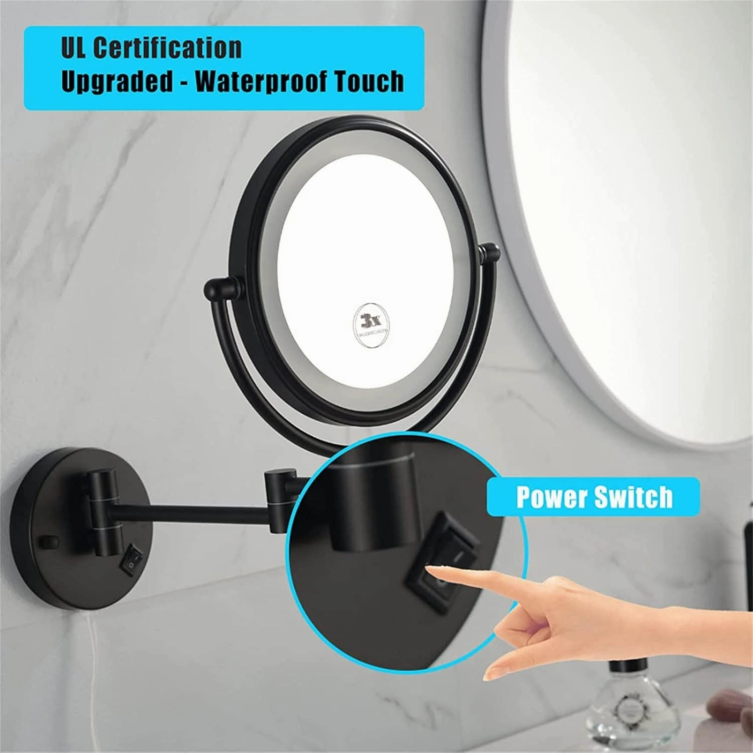 Makeup Mirror Wall Mounted, USB Rechargeable Bathroom Mirror, Two Sided 1X/3X Magnifying Adjustable LED Light Touch Screen Shaving Mirror(Silvery,Plug)