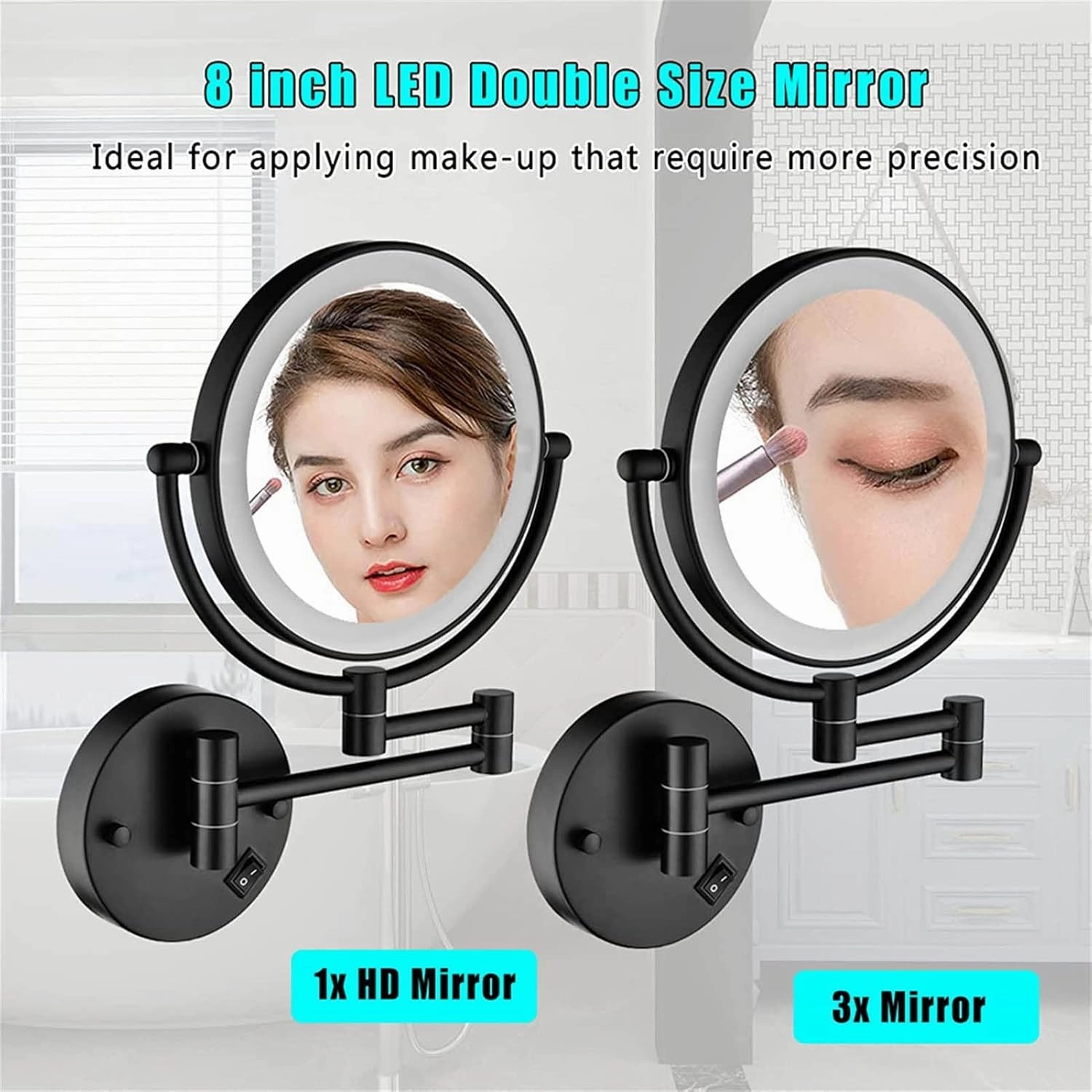 Makeup Mirror Wall Mounted, USB Rechargeable Bathroom Mirror, Two Sided 1X/3X Magnifying Adjustable LED Light Touch Screen Shaving Mirror(Silvery,Plug)