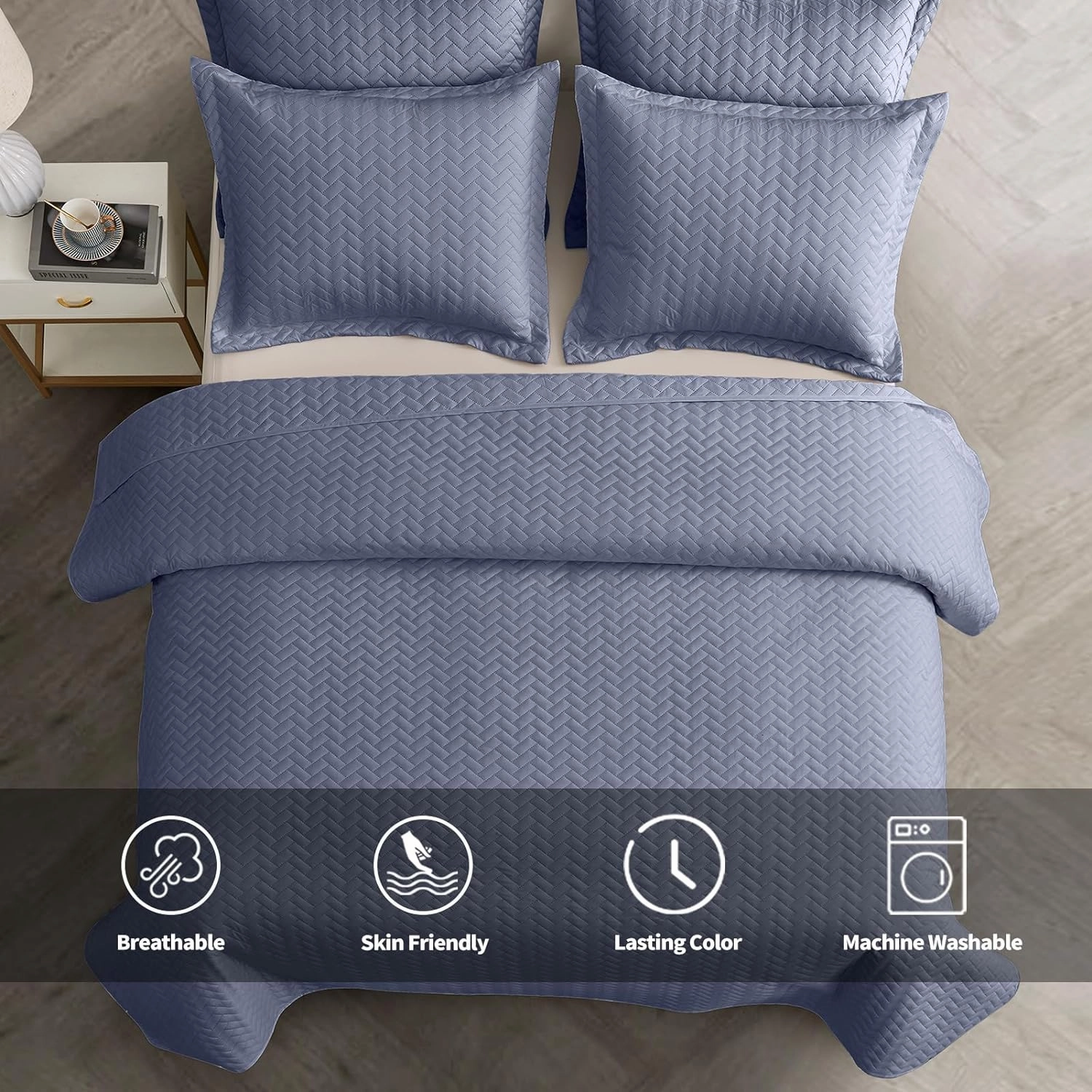 Maple&Stone Quilt Set King Size, Mineral Blue Lightweight Bedspread Ultrasonic Chevron Pattern Light Coverlet for All Season Comforter Bedding Decor - 3 Piece King Bed Cover Sets