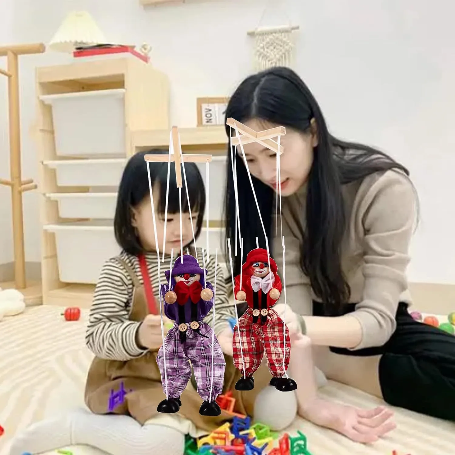 Marionette Puppets, 2 Pcs Funny Wooden Marionette Pull String Puppet, Creative Marionette Toys String Puppet Doll for Birthday Xmas