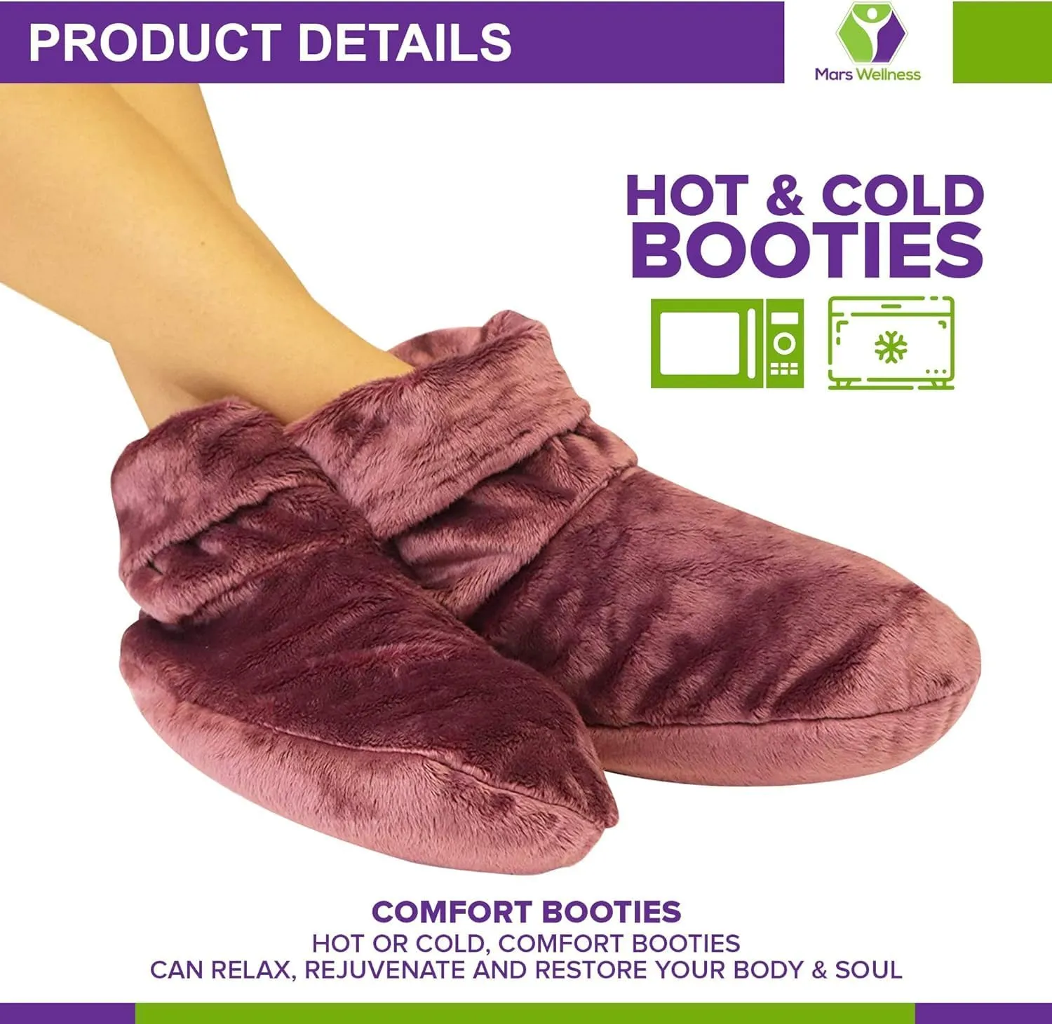 Mars Wellness Heated Microwavable Foot Booties - Microwavable Socks - Herbal Hot/Cold Deep Penetrating Herbal Aromatherapy Wrap Warmer (Mauve) - 2 Pack