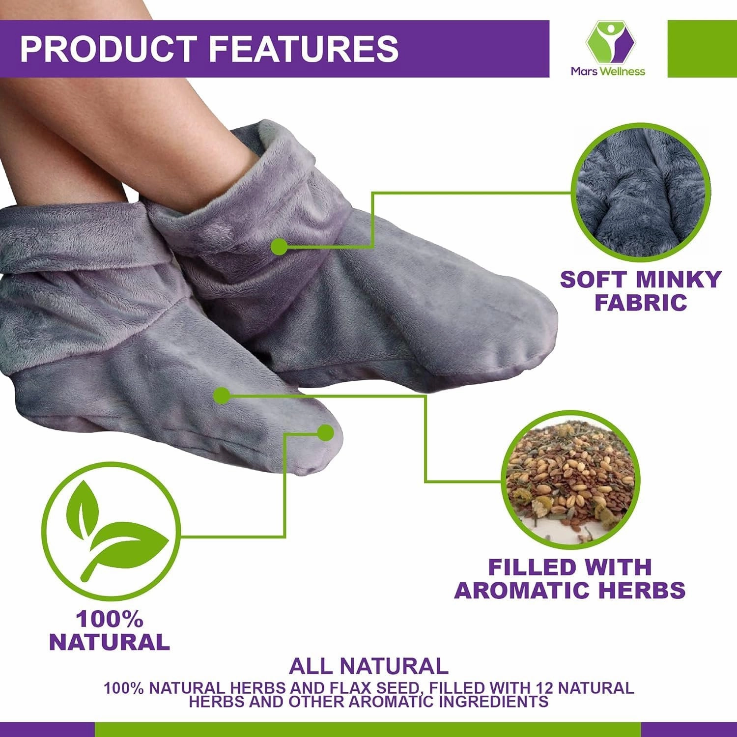 Mars Wellness Heated Microwavable Foot Booties - Microwavable Slippers - Herbal Hot/Cold Deep Penetrating Herbal Aromatherapy Wrap Warmer (Charcoal) - 3 Pack