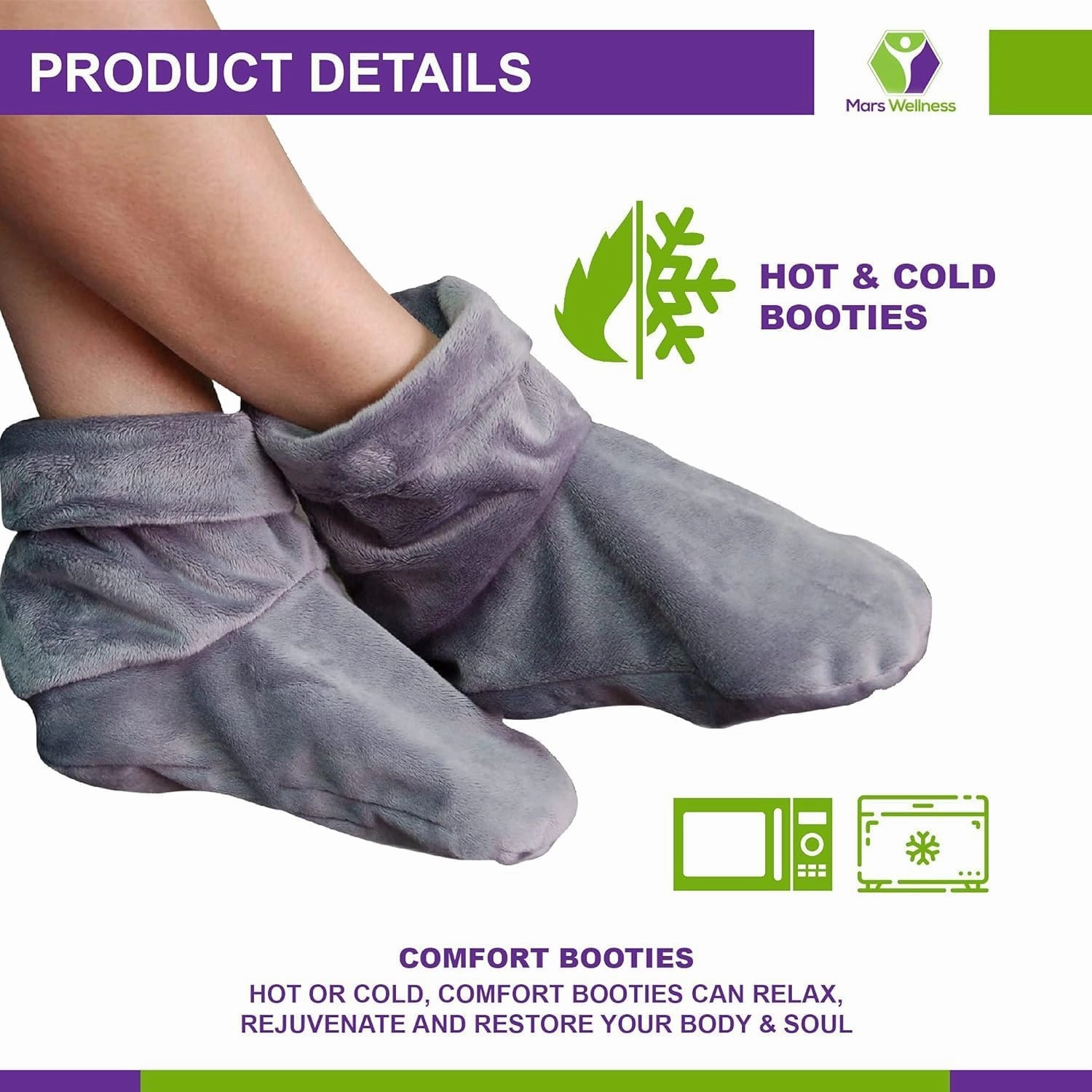 Mars Wellness Heated Microwavable Foot Booties - Microwavable Slippers - Herbal Hot/Cold Deep Penetrating Herbal Aromatherapy Wrap Warmer (Charcoal) - 3 Pack