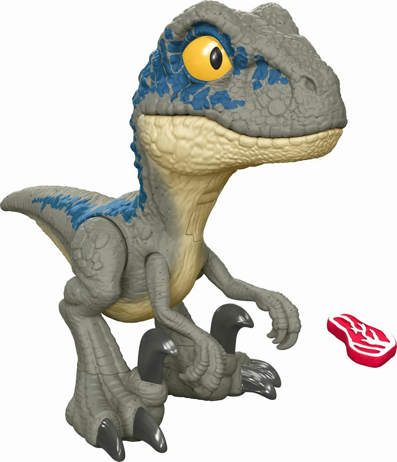 Mattel Jurassic World Mega Roar Blue Velociraptor Dinosaur Toy with Sound & Stretchable Jaw Tendons, Increasing Roar Levels & Feeding Feature