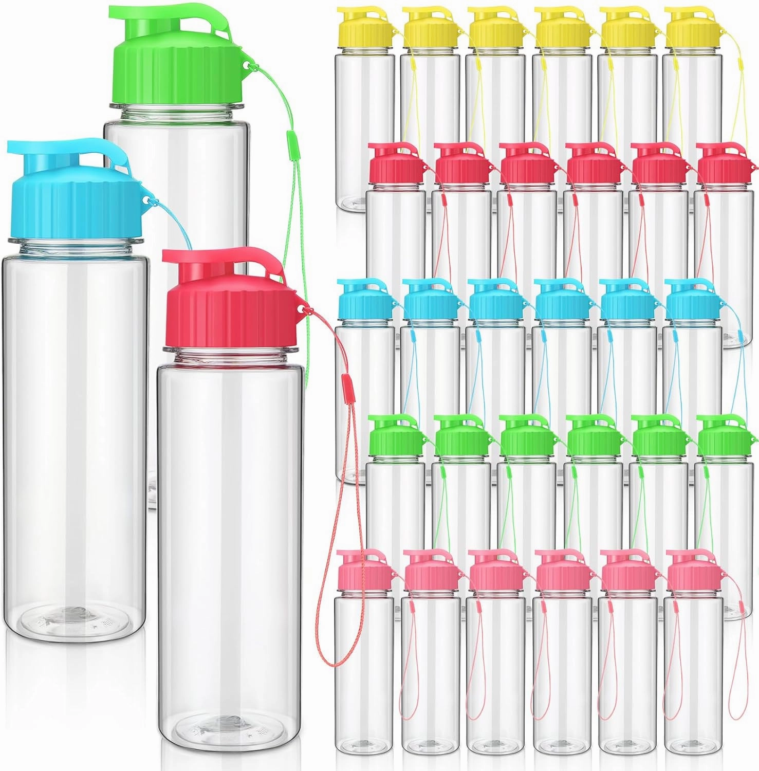 Maxcheck 30 Pieces 17 oz Plastic Water Bottle Bulk with Handle Strap Lightweight Leakproof Drink Flip Top Bottles for Adults Fitness Gym (Blue, Pink, Yellow, Rose Red, Green)