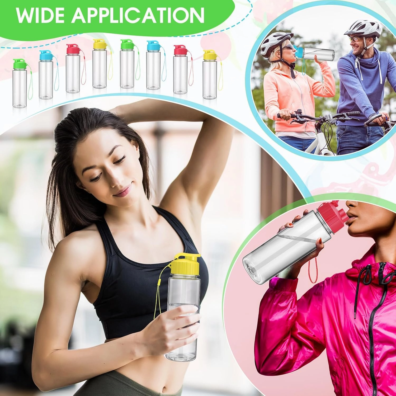 Maxcheck 30 Pieces 17 oz Plastic Water Bottle Bulk with Handle Strap Lightweight Leakproof Drink Flip Top Bottles for Adults Fitness Gym (Blue, Pink, Yellow, Rose Red, Green)