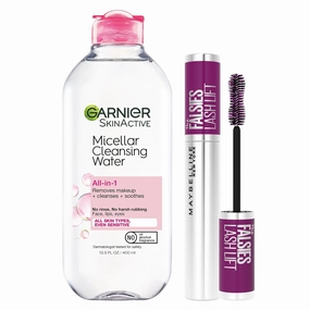 Maybelline The Falsies Lash Lift Washable Mascara   Garnier SkinActive Micellar Water Bundle, Includes 1 Mascara in Very Black and 1 Makeup Remover