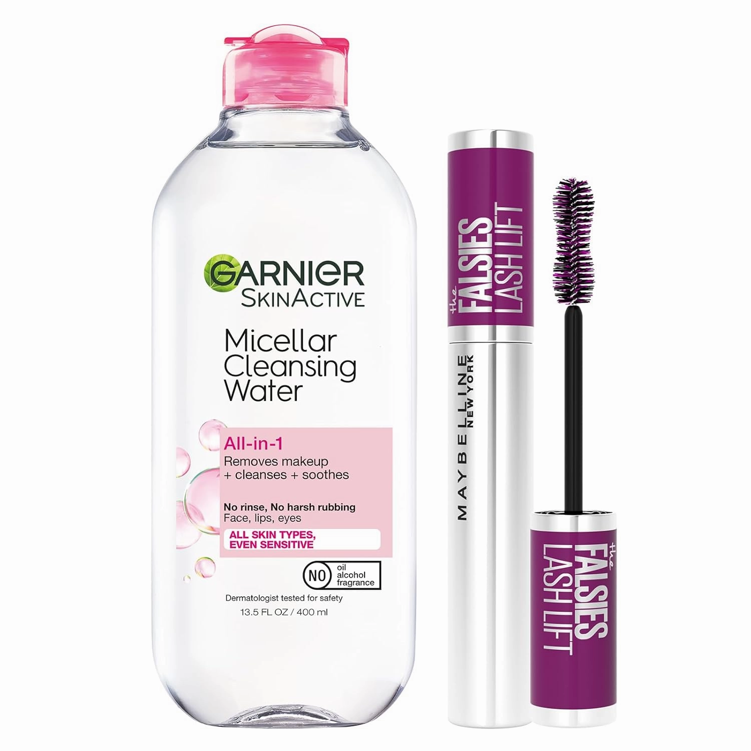 Maybelline The Falsies Lash Lift Washable Mascara   Garnier SkinActive Micellar Water Bundle, Includes 1 Mascara in Very Black and 1 Makeup Remover