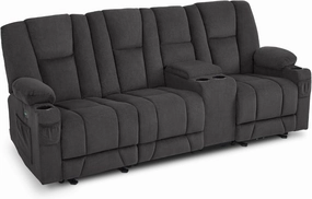 MCombo Power Reclining Sofa with Heat and Vibration, USB Ports, Cup Holders, 3-Seat Dual Recliner Sofa with Console for Living Room 6035SET (Grey, 3 Seater with Console)