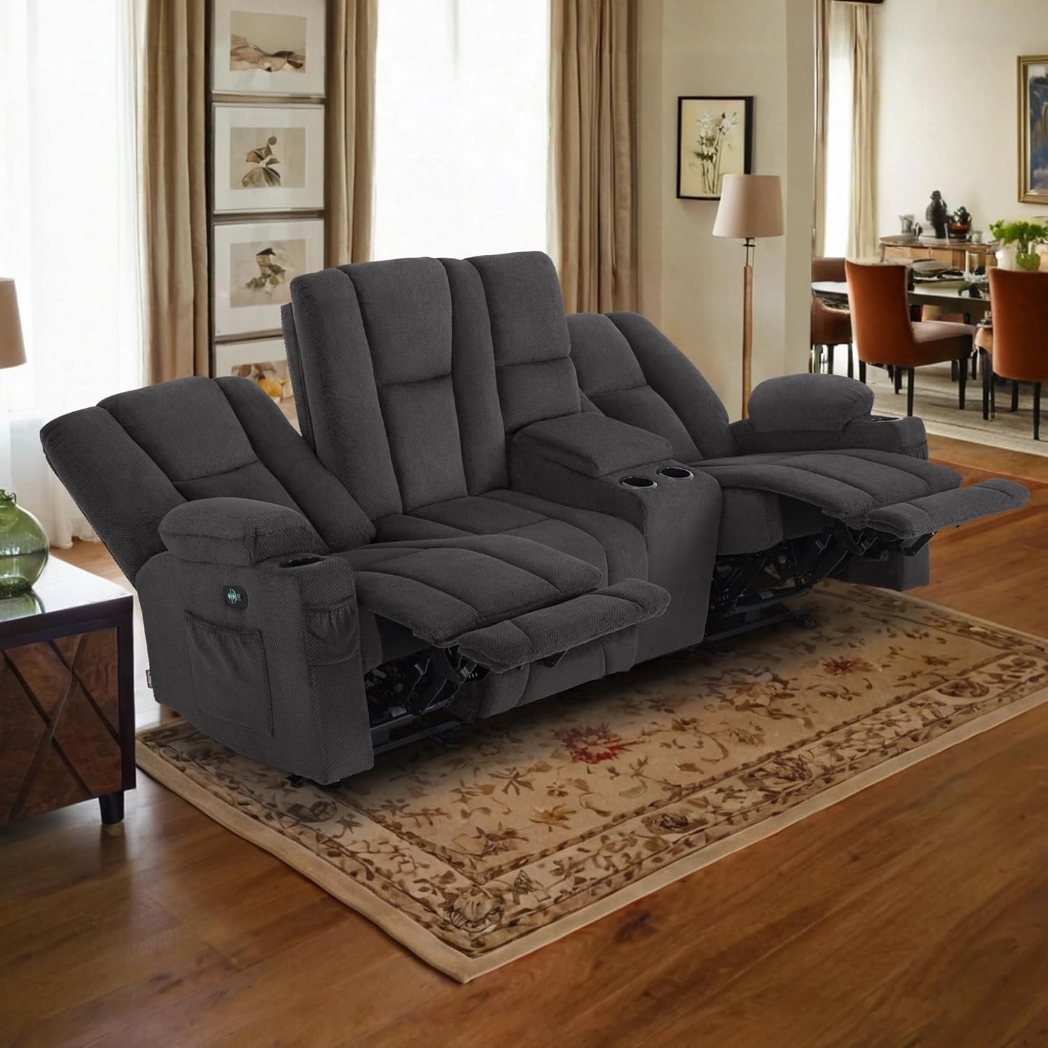 MCombo Power Reclining Sofa with Heat and Vibration, USB Ports, Cup Holders, 3-Seat Dual Recliner Sofa with Console for Living Room 6035SET (Grey, 3 Seater with Console)