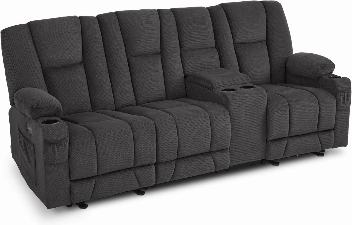 MCombo Power Reclining Sofa with Heat and Vibration, USB Ports, Cup Holders, 3-Seat Dual Recliner Sofa with Console for Living Room 6035SET (Grey, 3 Seater with Console)