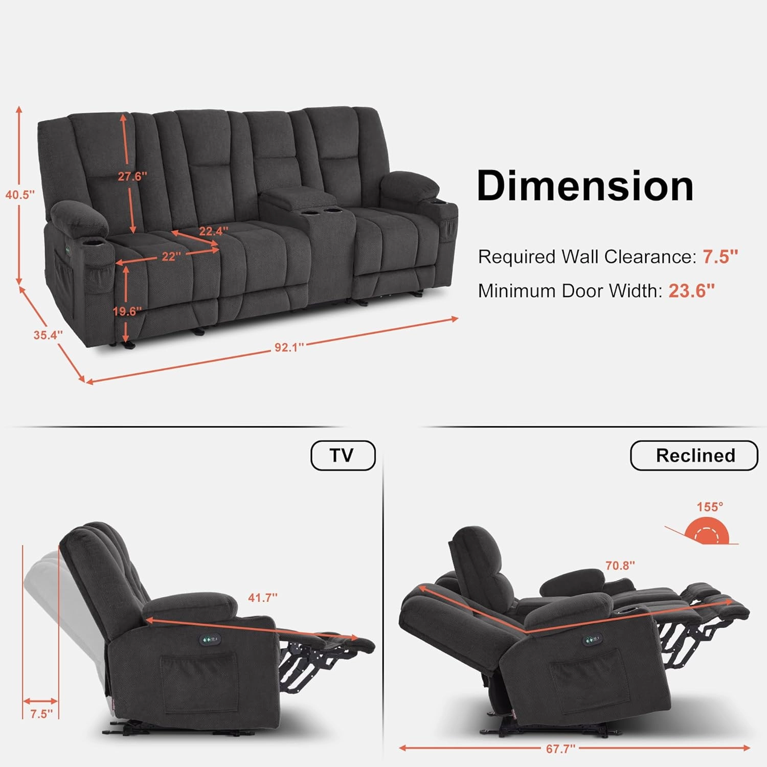 MCombo Power Reclining Sofa with Heat and Vibration, USB Ports, Cup Holders, 3-Seat Dual Recliner Sofa with Console for Living Room 6035SET (Grey, 3 Seater with Console)