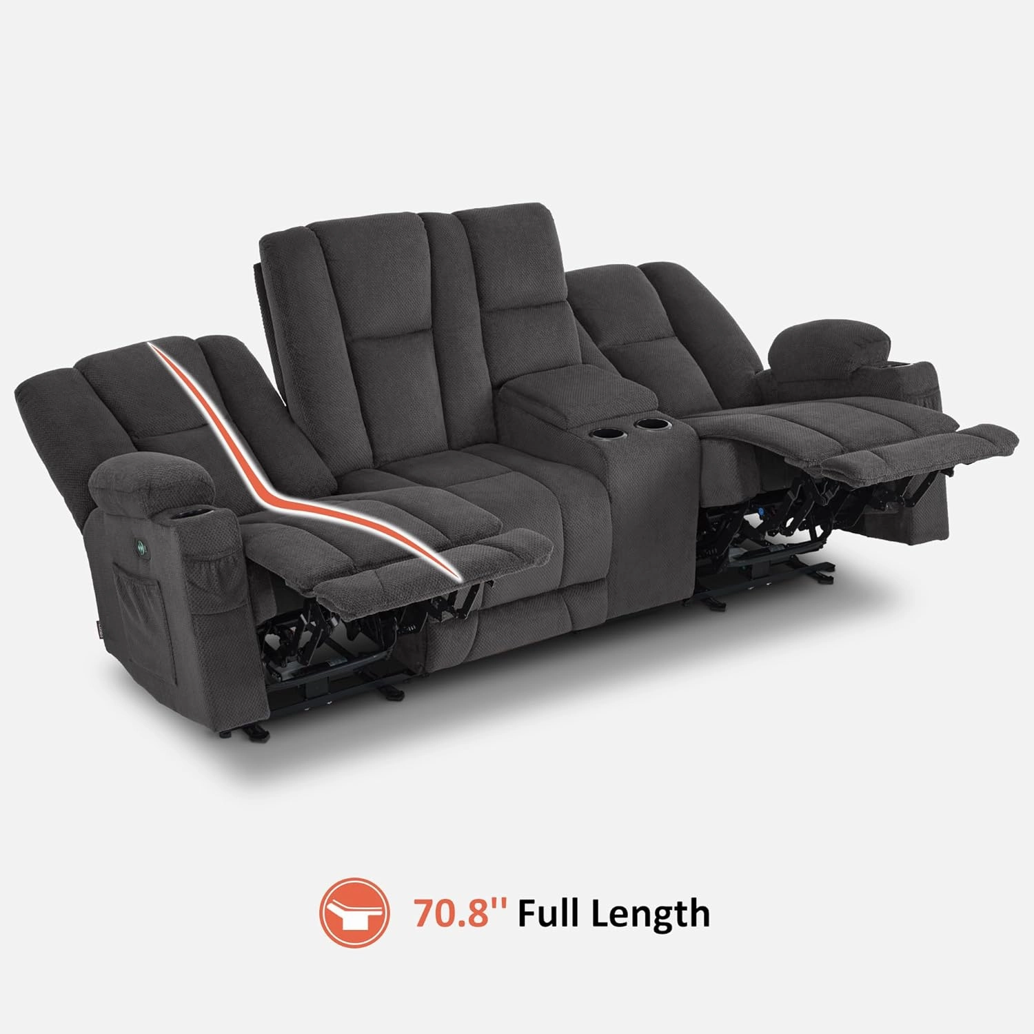 MCombo Power Reclining Sofa with Heat and Vibration, USB Ports, Cup Holders, 3-Seat Dual Recliner Sofa with Console for Living Room 6035SET (Grey, 3 Seater with Console)