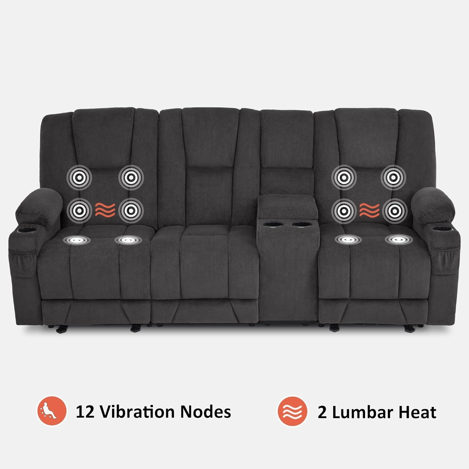 MCombo Power Reclining Sofa with Heat and Vibration, USB Ports, Cup Holders, 3-Seat Dual Recliner Sofa with Console for Living Room 6035SET (Grey, 3 Seater with Console)