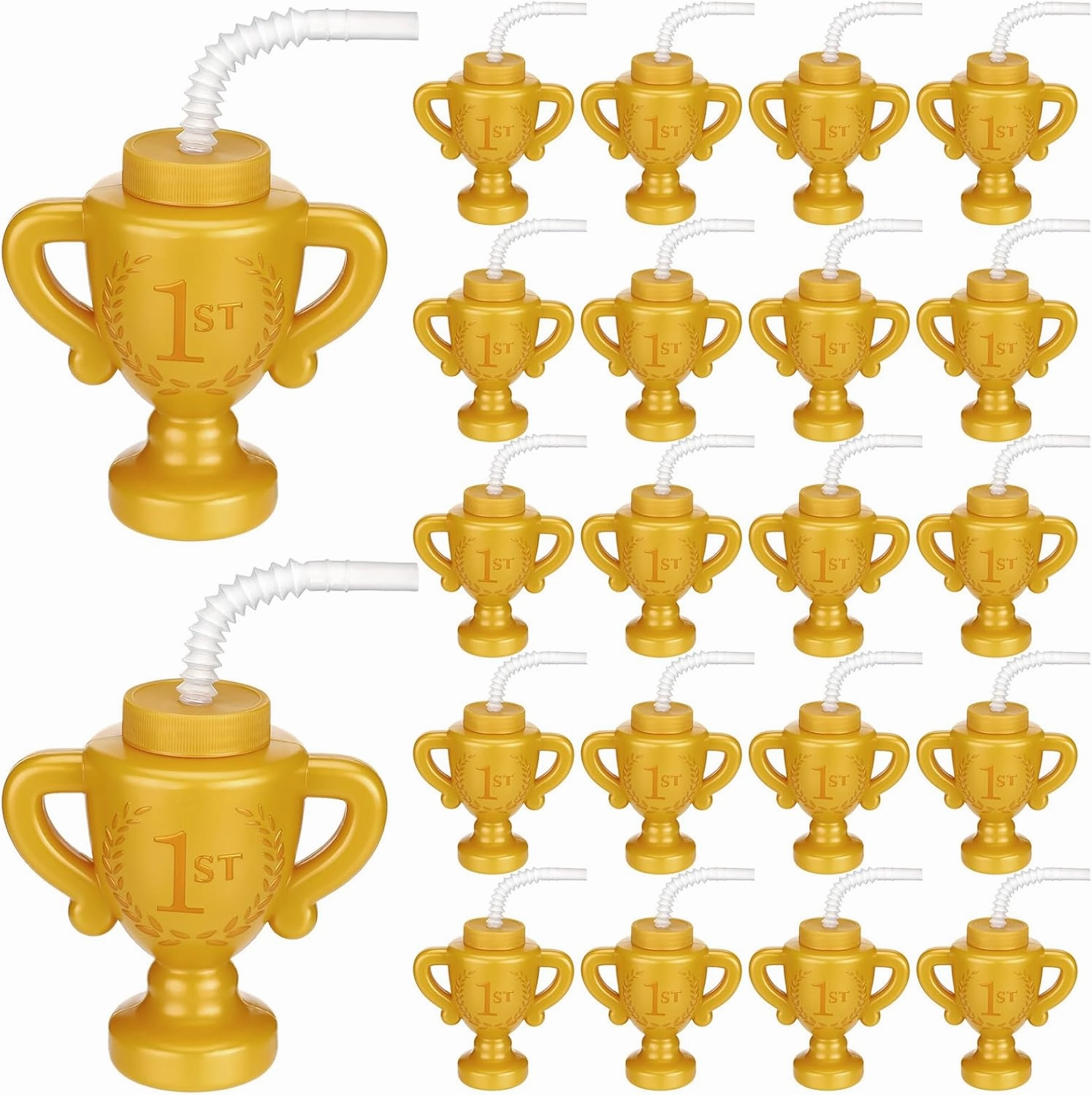Meanplan 24 Pieces Race Car Trophy Cups with Straws Bulk for Kids 10 oz Reusable Trophy Cups Golden Race Car Cups Creative Party Cups Bulk for Car Birthday Party Favors Decorations and Supplies