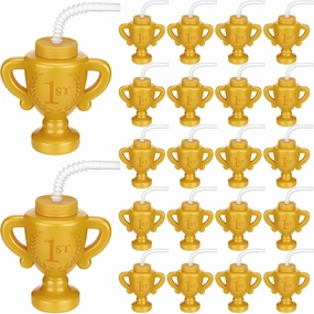 Meanplan 24 Pieces Race Car Trophy Cups with Straws Bulk for Kids 10 oz Reusable Trophy Cups Golden Race Car Cups Creative Party Cups Bulk for Car Birthday Party Favors Decorations and Supplies