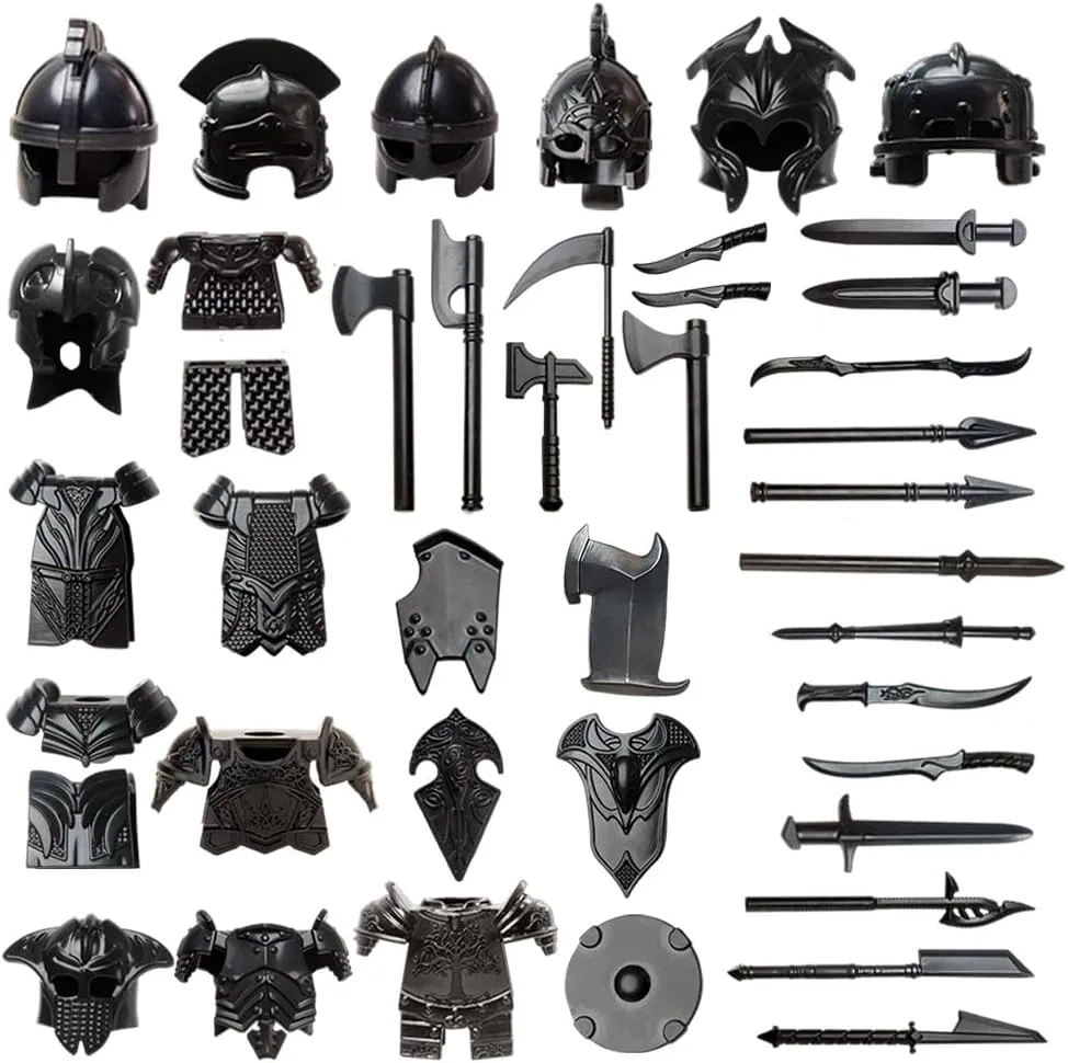 Medieval Knight Weapon Building Blocks Accessory Including Helmet Armor Shield Pike, Designed for Mini Figures Compatible with All Major Brands (Black/40PCS)