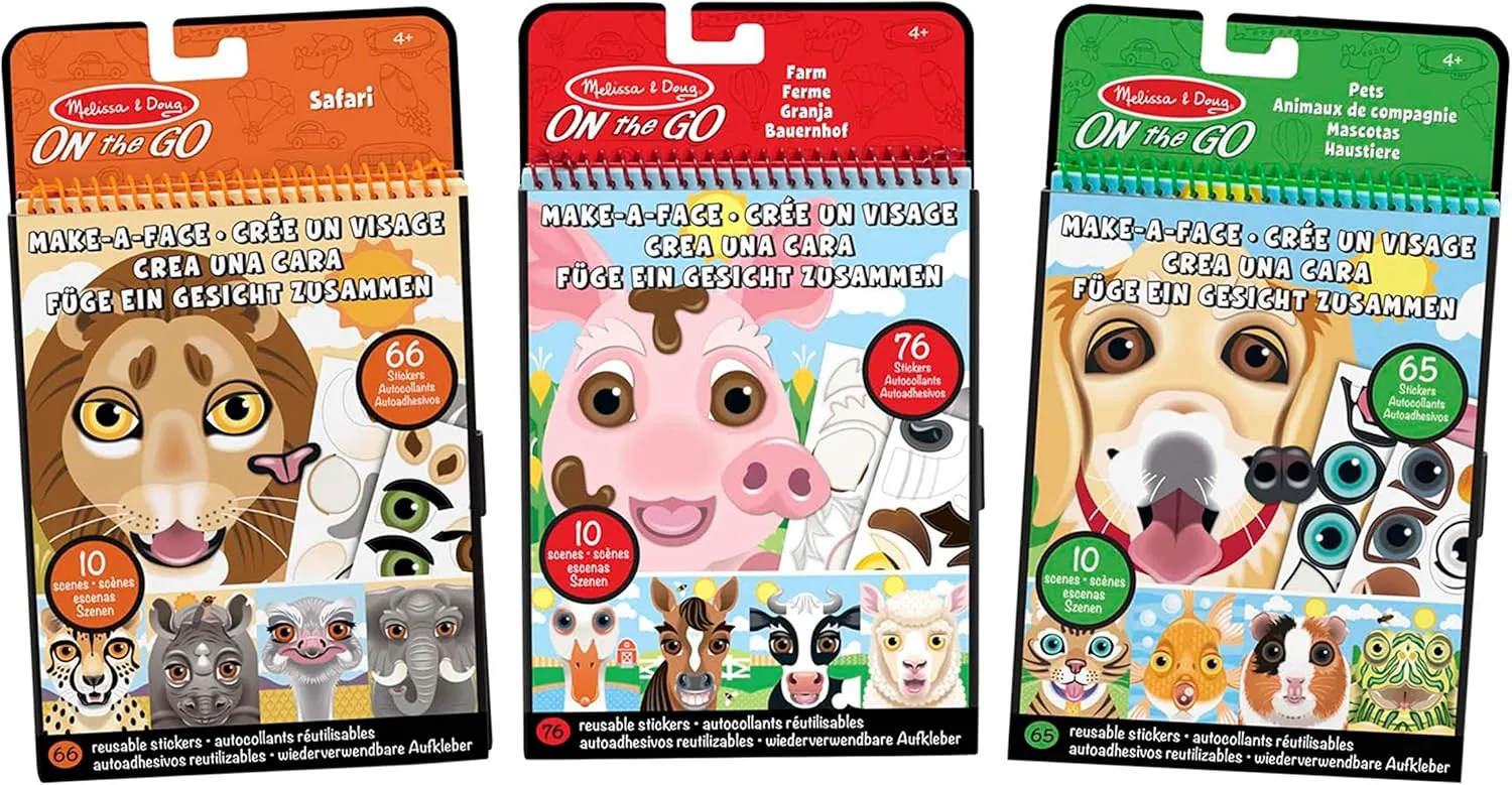 Melissa & Doug Make-a-Face Reusable Sticker Pad Animals 3-Pack (Safari, Farm, Pets) - Toddler Travel Toy Resuable Sticker Pads For Kids Ages 3 