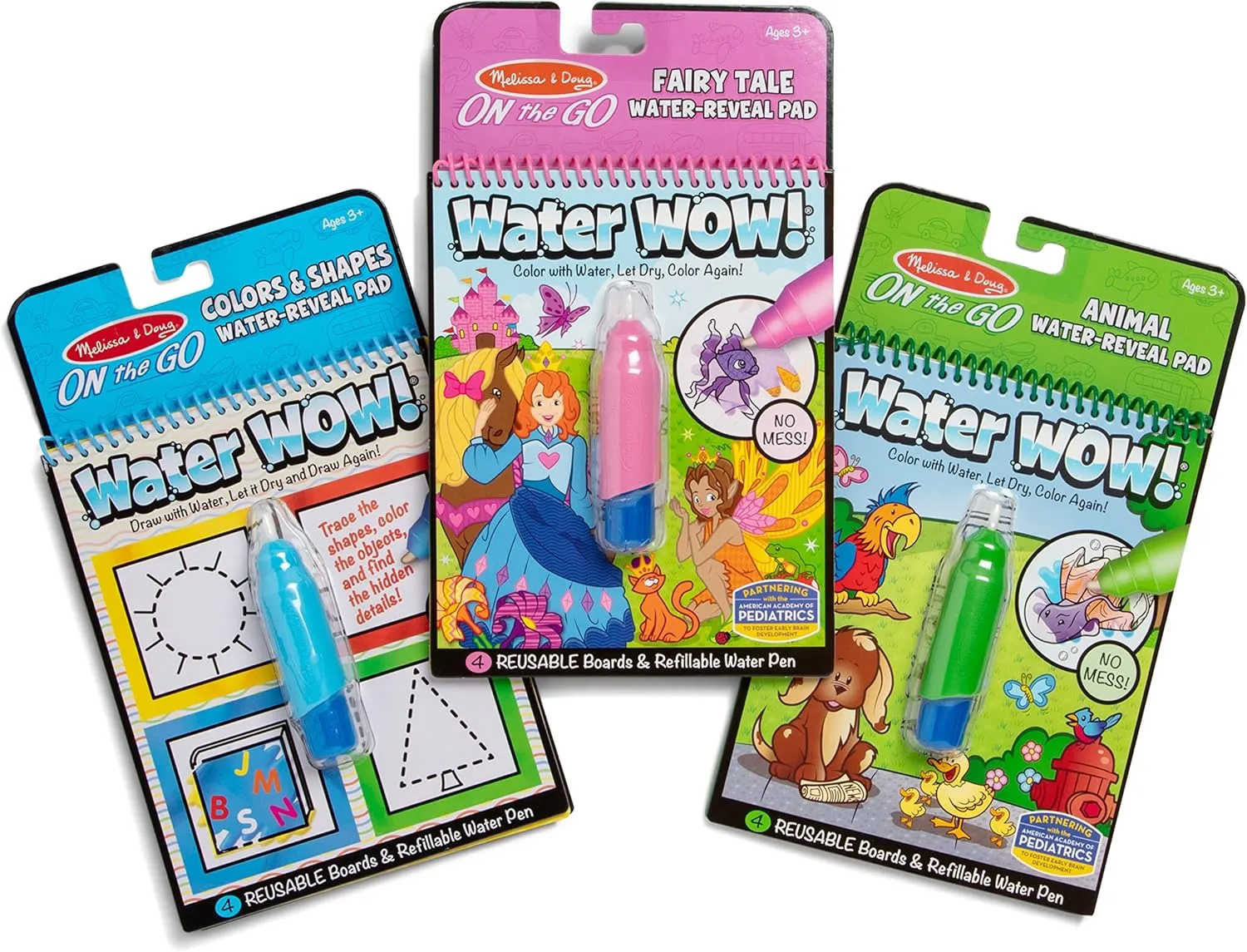 Melissa & Doug On the Go Water Wow! Reusable Water-Reveal Activity Pads, 3-pk, Colors and Shapes, Fairy Tales, Animals - Travel Toys, Stocking Stuffers, Mess Free Coloring For Kids Ages 3 