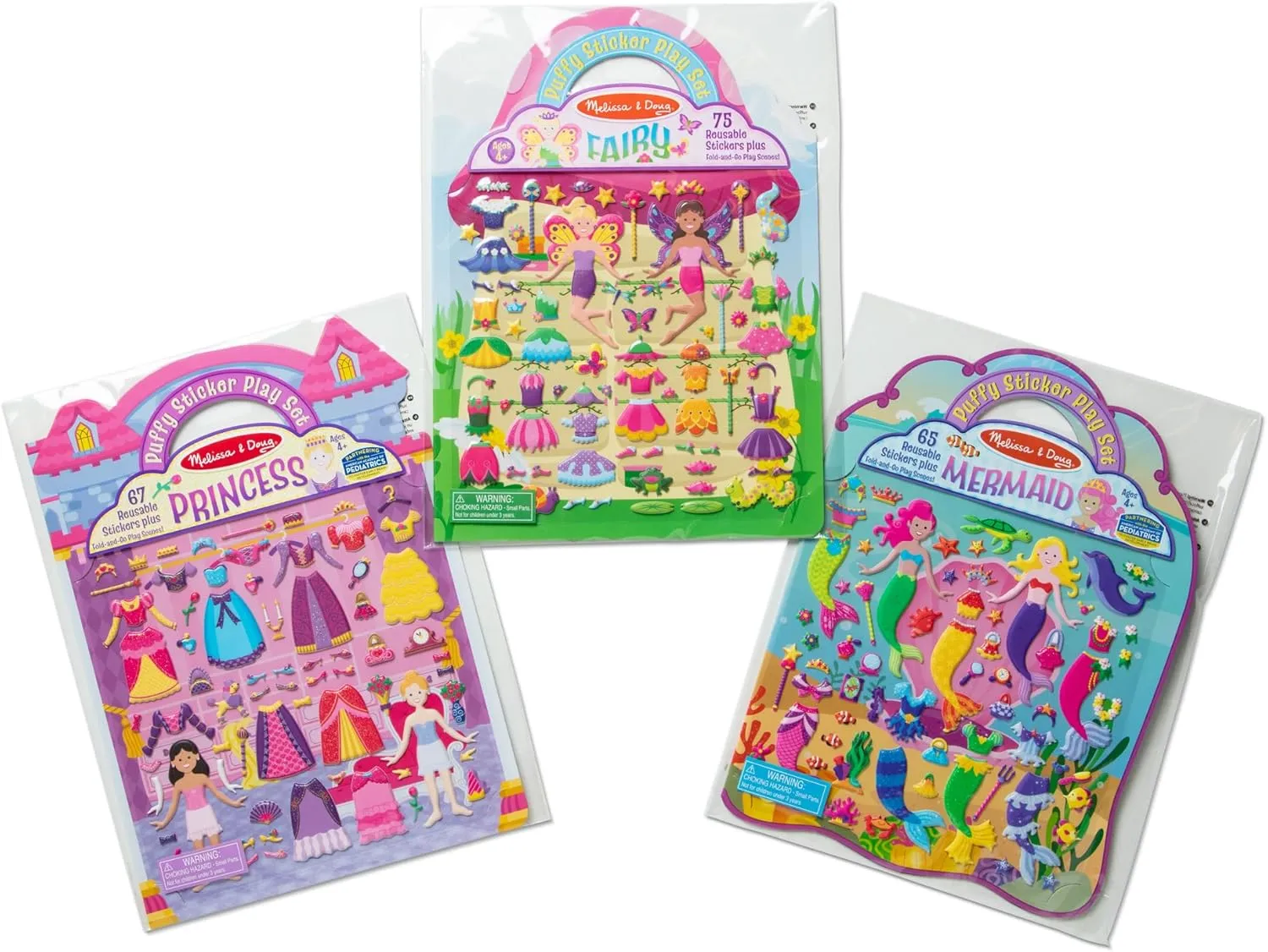 Melissa & Doug Puffy Sticker Activity Books Set: Princess, Mermaid, Fairy - 180  Reusable Stickers - FSC Certified