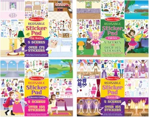 Melissa & Doug Reusable Sticker Pads Set: Fairies, Princess Castle, Play House, Dress-Up - 680  Stickers