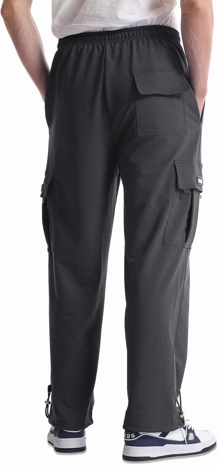 Men's Cargo Sweatpants Loose Fit Pants Joggers for Men with Pockets, Open Bottom Drawstring
