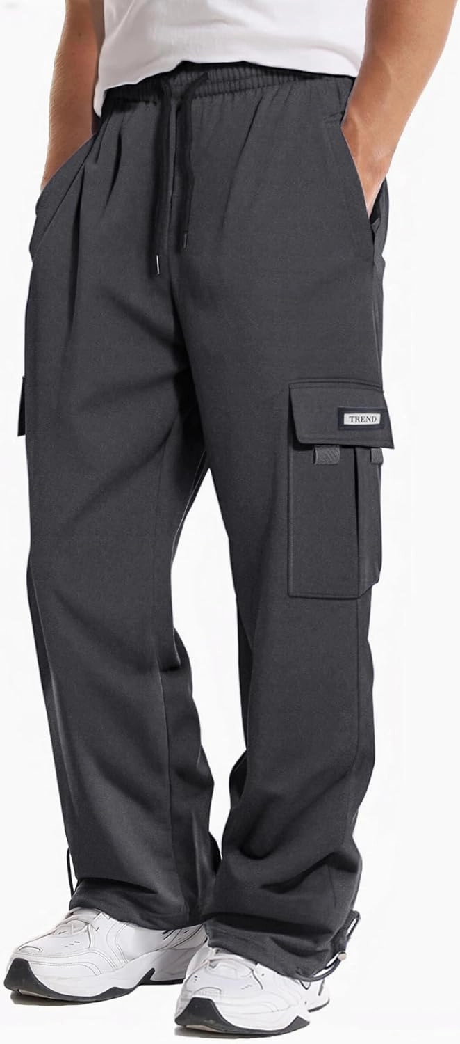 Men's Cargo Sweatpants Loose Fit Pants Joggers for Men with Pockets, Open Bottom Drawstring