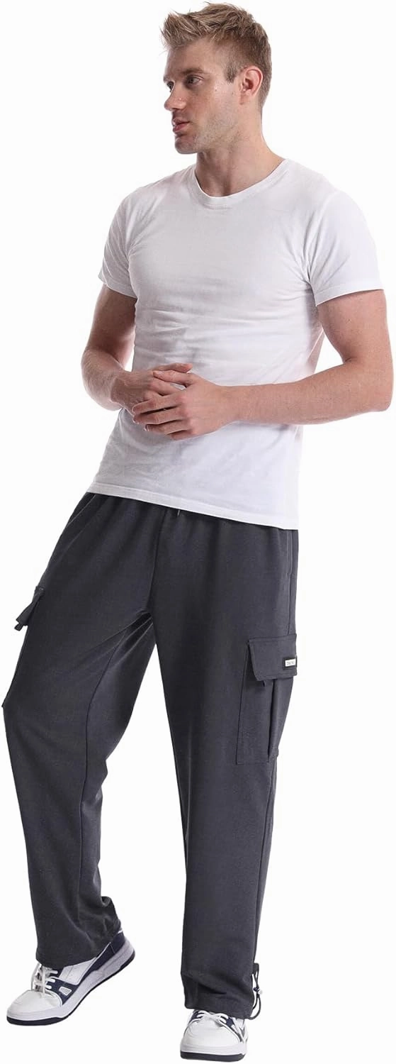 Men's Cargo Sweatpants Loose Fit Pants Joggers for Men with Pockets, Open Bottom Drawstring