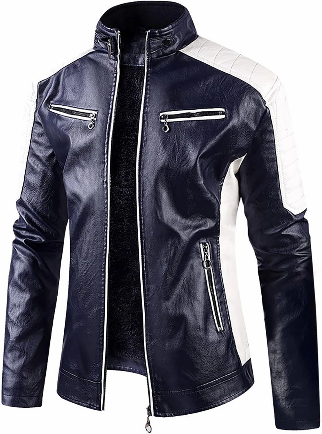 Men's Faux Leather Patchwork Jacket Men Biker Bomber Coat Color Matching Jackets Slim Fit Casual Windbreaker Outwear