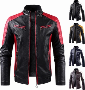 Men's Faux Leather Patchwork Jacket Men Biker Bomber Coat Color Matching Jackets Slim Fit Casual Windbreaker Outwear