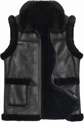 Men’s Real Sheepskin Shearling Leather Vest– B3 Aviator Sleeveless Lambskin Leather Vest Coat