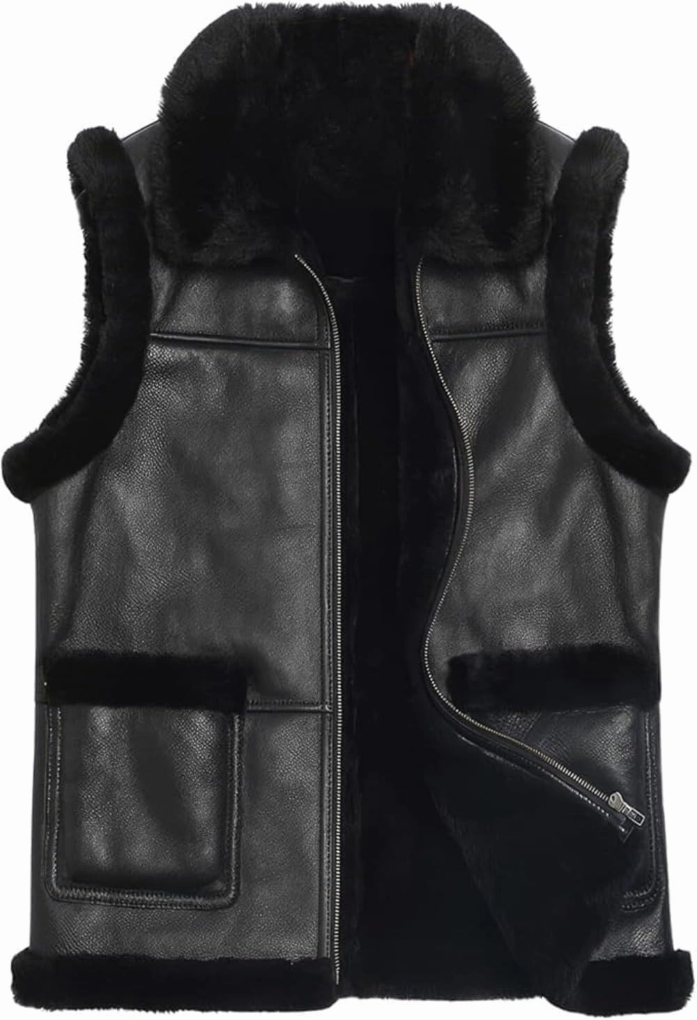 Men’s Real Sheepskin Shearling Leather Vest– B3 Aviator Sleeveless Lambskin Leather Vest Coat