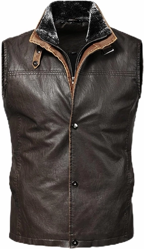 Mens Faux Leather Vest Jacket Plush Lined Jackets Vintage Winter Warm Waistcoat Lapel Collar Fleece Aviator Bomber Coat