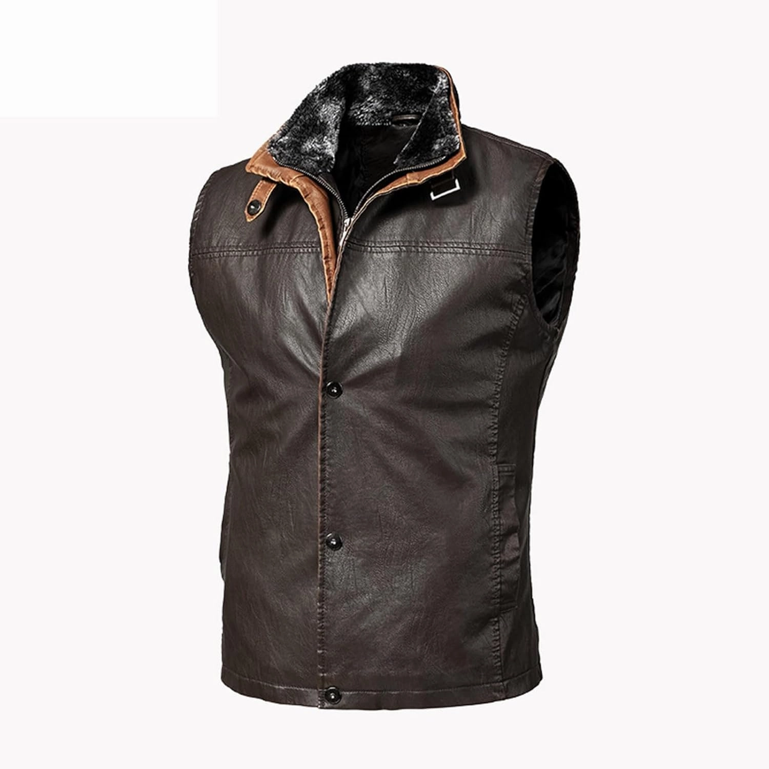Mens Faux Leather Vest Jacket Plush Lined Jackets Vintage Winter Warm Waistcoat Lapel Collar Fleece Aviator Bomber Coat