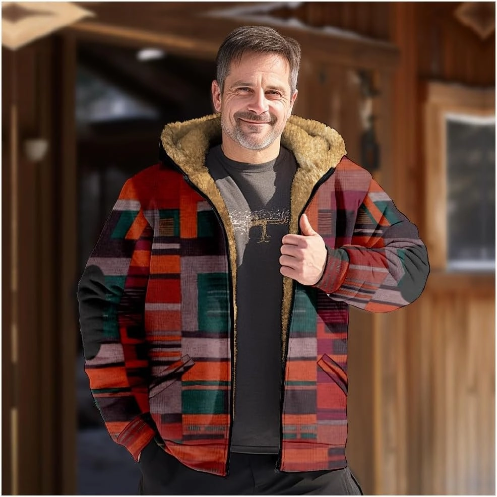 Mens Vintage Fleece Jacket Sherpa Lined Winter Coats Fall Winter Puffer Jacket Windproof Casual Hoodies with Pocket