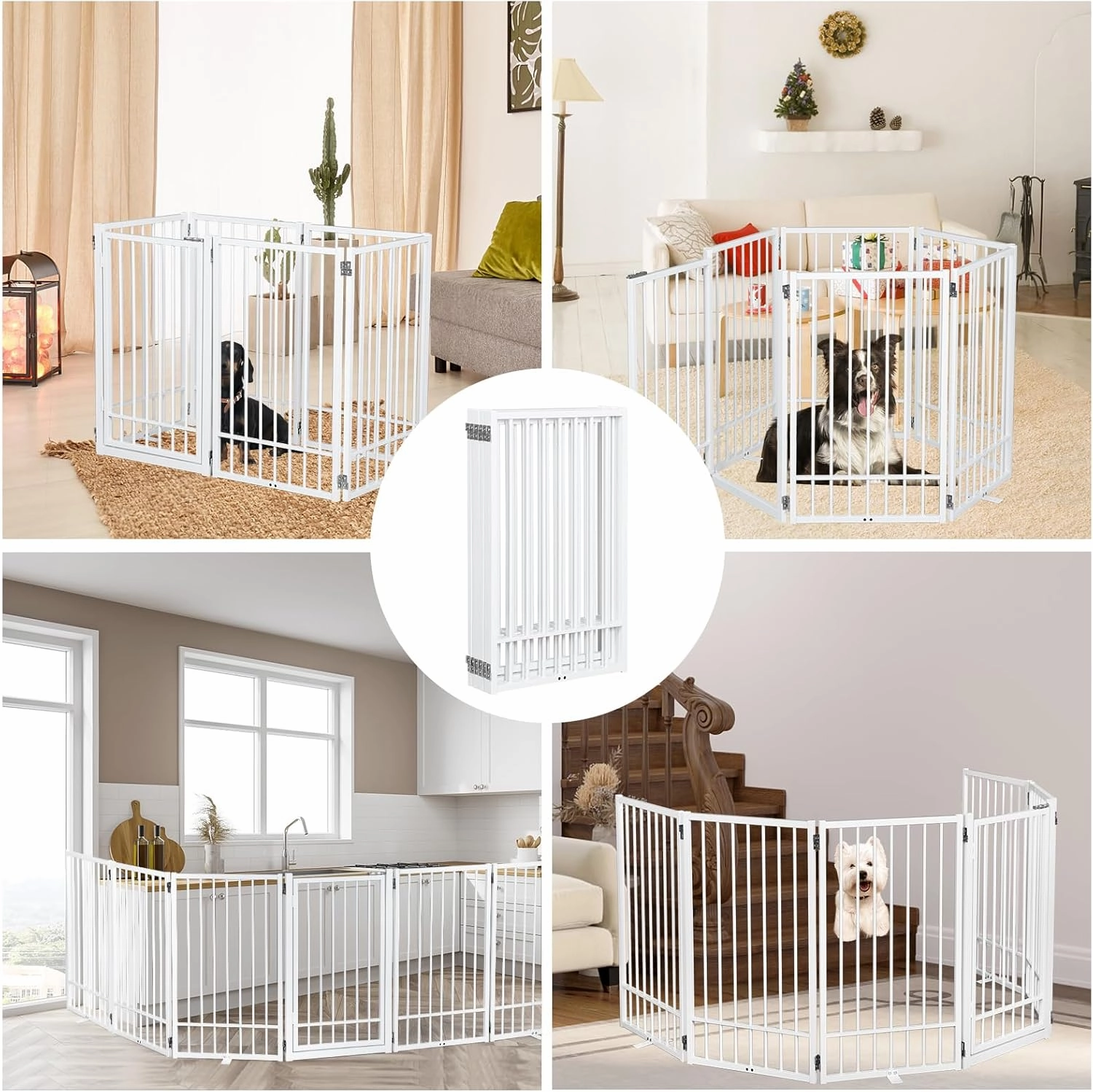 Metal Freestanding Dog Gate With Door, Extra Wide 121", 31" Height Foldable for Doorways, Tall Fence Indoor Outdoor Pet Barrier for Stairs Hallways, 6 Panels, White