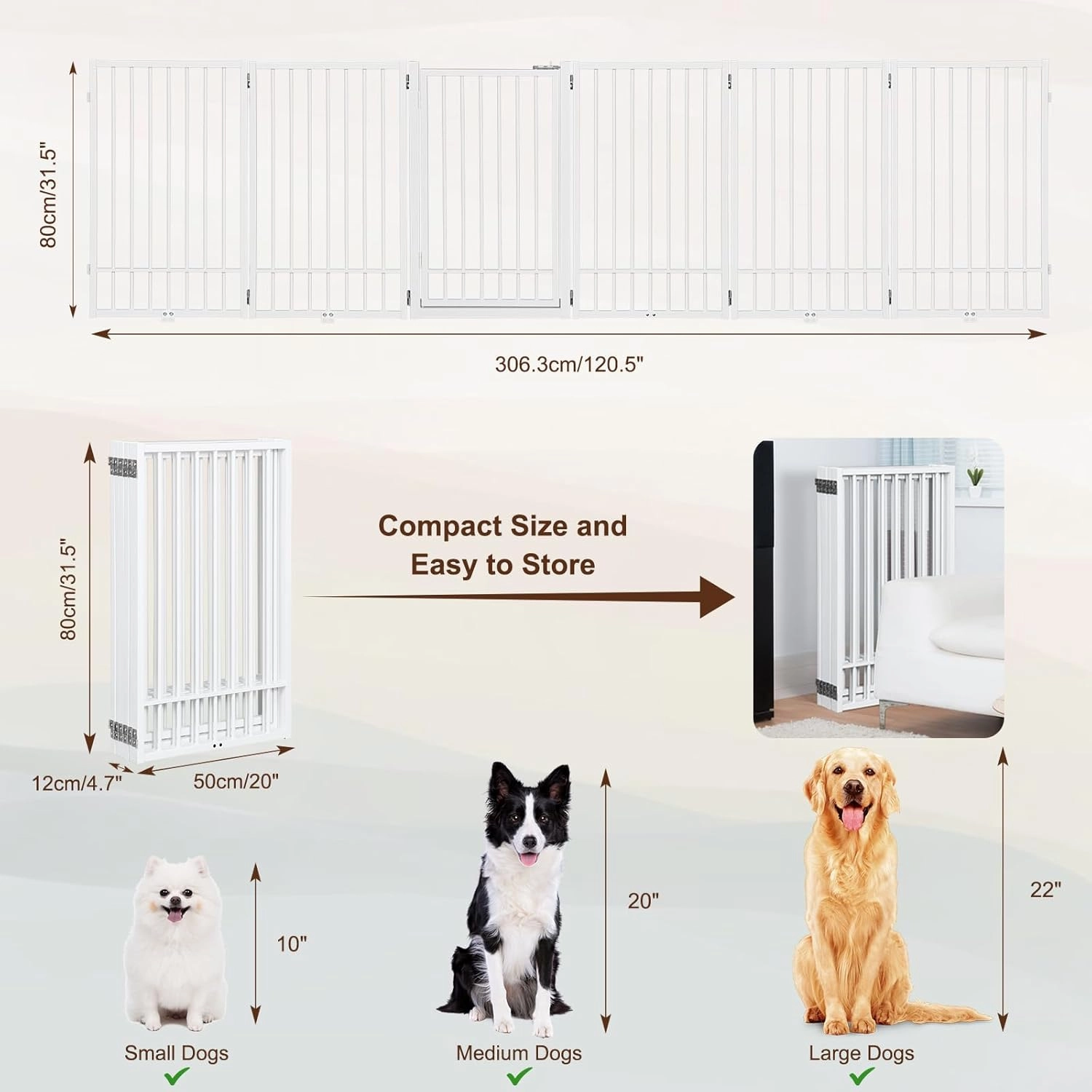 Metal Freestanding Dog Gate With Door, Extra Wide 121", 31" Height Foldable for Doorways, Tall Fence Indoor Outdoor Pet Barrier for Stairs Hallways, 6 Panels, White